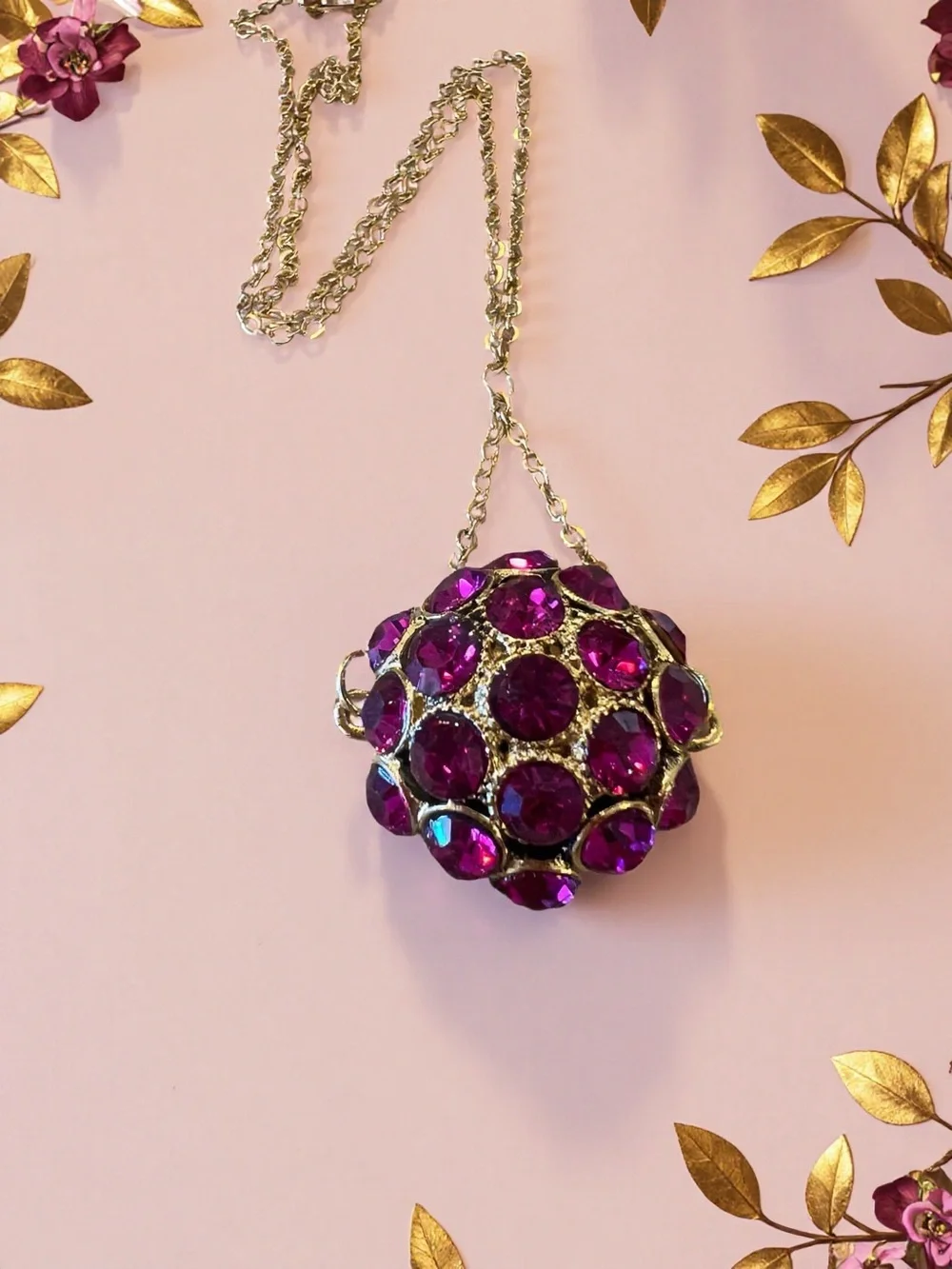 Vintage Victorian inspired Gold-Tone Necklace w/ Vibrant Fuchsia Crystal Pendant
